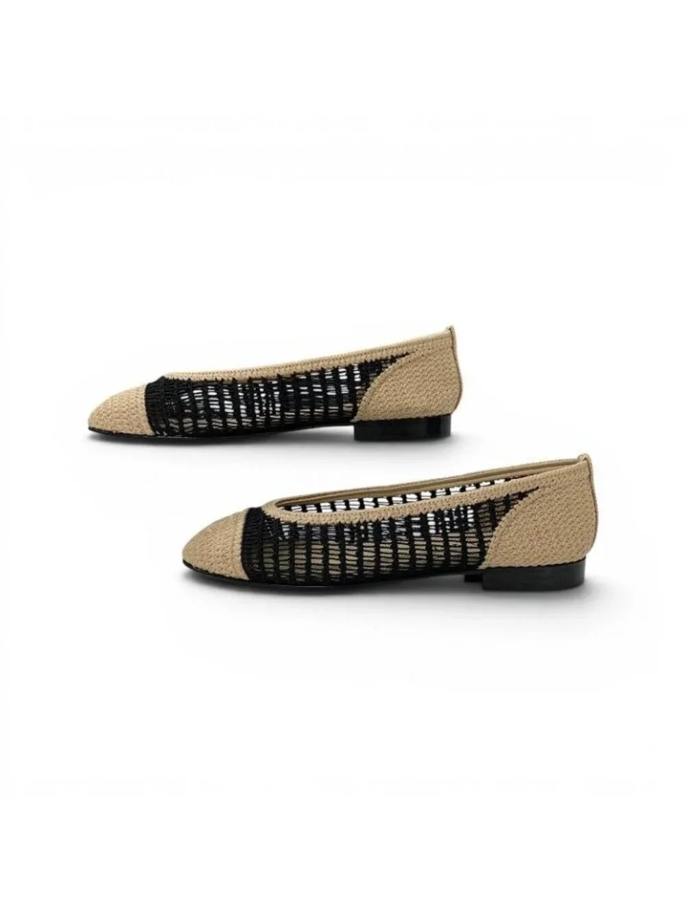 Chanel Flat Shoes Raffia Beige Black Ballerina CC Logo Ballet